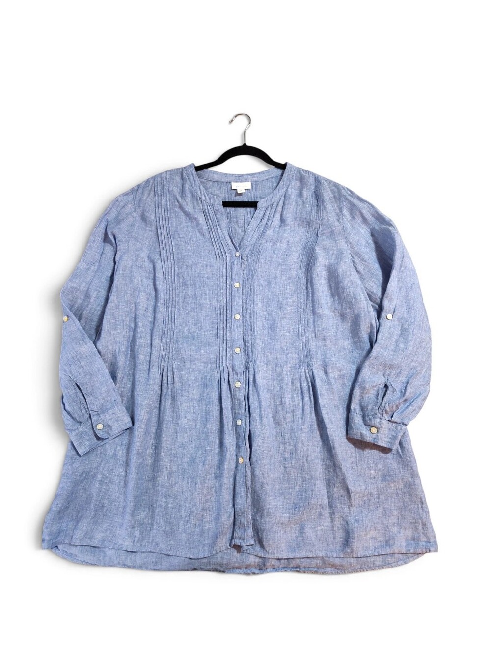 2X J.Jill Pintucked Linen Tunic Long Sleeve Womens Blue Button Up Tab-sleeve - Picture 2 of 10
